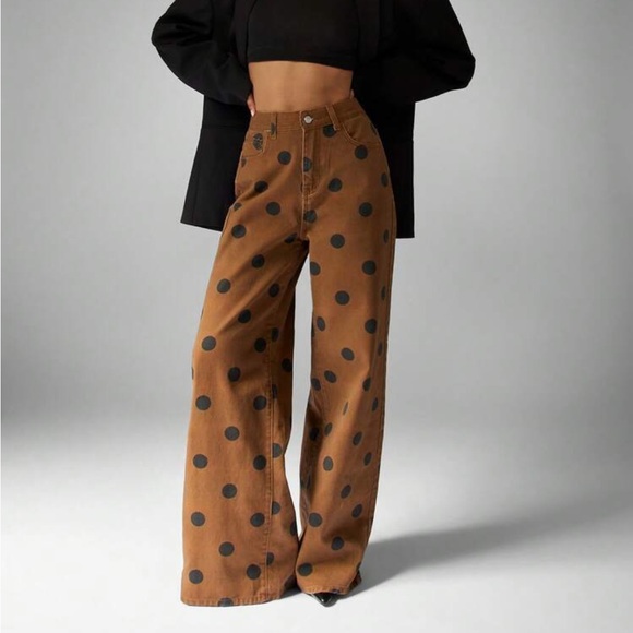 Missguided Pants - Missguided Brown Wide-Leg Polka Dot Pants with Black Dots